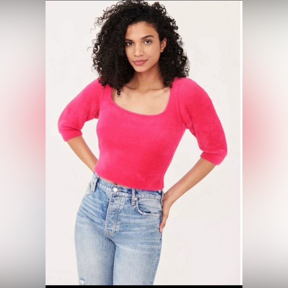 Free People Moonbeam Cropped Pullover Fuzzy Sweater, Fuchsia Pink, Medium, NWT